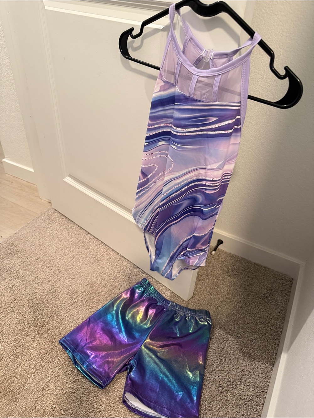 Amazon Lavender Marble Halter Dance Leotard with Iridescent Purple-Blue Shorts